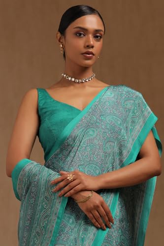 Soch Womens Teal Green Crepe Paisley Print Saree