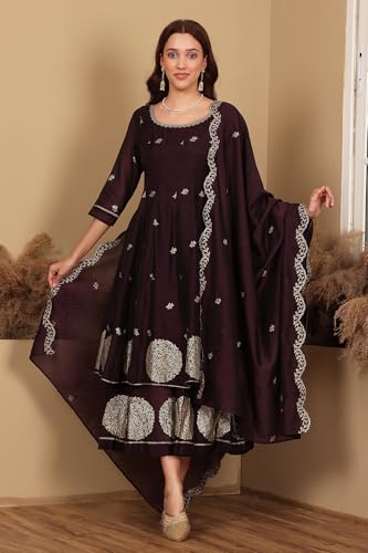 W for Woman Purple Floral Printed Dori Embroidered Chanderi Flared Kurta with Mock Layer and Dupatta Set (Size: XS)-24AUWS11194-124358