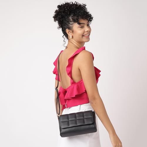 Fastrack Quilted Sling Bag for Women | Chic Crossbody Bag for Girls, Ladies, Women | Spacious Bag with Slip Pocket Made of Faux Leather (Black)