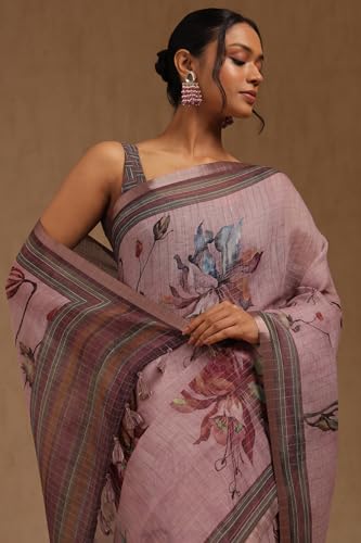 Soch Womens Purple Linen Floral Print Saree