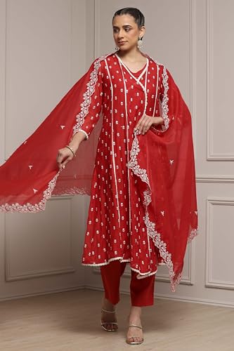 Biba Women Red Chanderi Embroidered Kalidar Suit Set_34