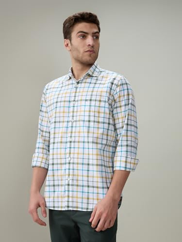 Raymond Men Regular Fit Checks Pattern Pure Cotton Button Down Collar Full Sleeve Casual Shirt Green