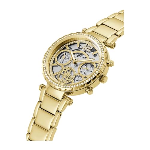GUESS Solstice Analog Watch for Women with Clear Round Dial & Gold Stainless Steel Bracelet Band Water Resistant Women's Wrist Watches - GW0403L2