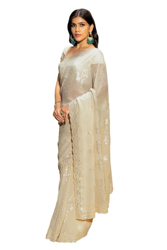Soch Womens Cream Georgette Saree With Sequins