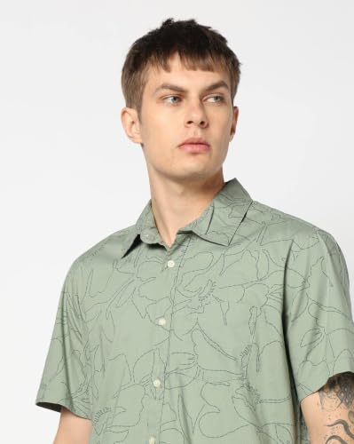 Men Floral Spread Collar Half Sleeve Shirts, Green, M