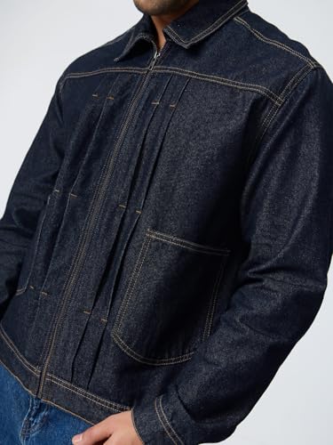 The Souled Store Denim Jacket: Raw Blue Men and Boys Full Sleeves Spread Collar Solid Cotton Regular Fit Lightweight Everyday Easy to Style Streetwear Trendy Winter Layering Denim Jacket
