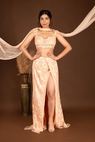 The Behruz Theory Heavy Embroidered Fusion Peach High Slit Lehenga (Large)