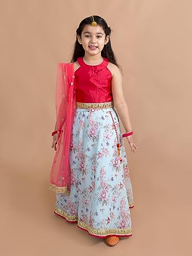 Pspeaches Girls Polyester Red Blue Floral Readymade Lehenga Choli Set (Red-7-8Y), 7-8 Years