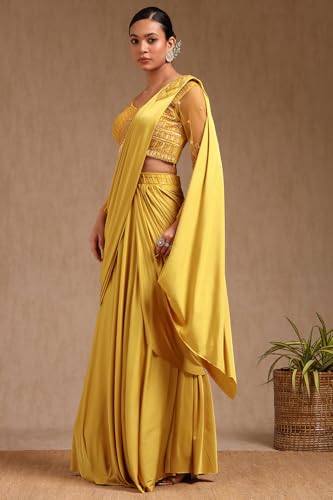 Soch Womens Yellow Nylon Blend Solid Ready To Wear Saree With Beads And Stones