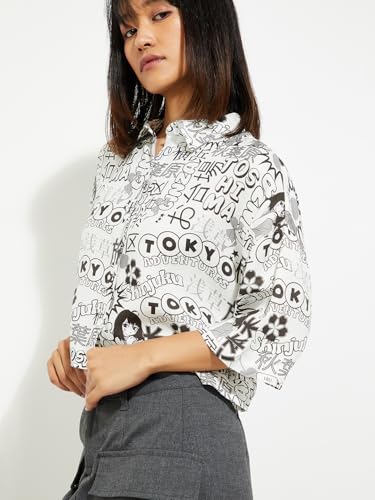 Max URB_N Women Printed Boxy Cropped Shirt (Ivory_S)