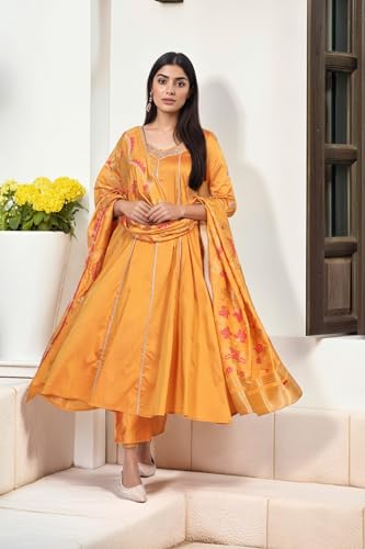 W for Woman Yellow Floral Print Embroidered Anarkali Jacquard Kurta with Straight Pant and Dupatta Set (WS13243-224277-XS)
