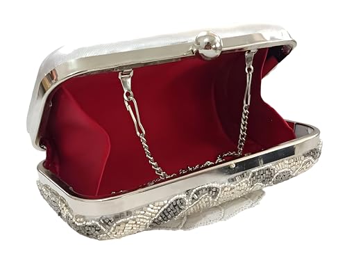 DUCHESS Women's & Girls Embroidered Floral Handle Clutch for Party Wedding (Silver)