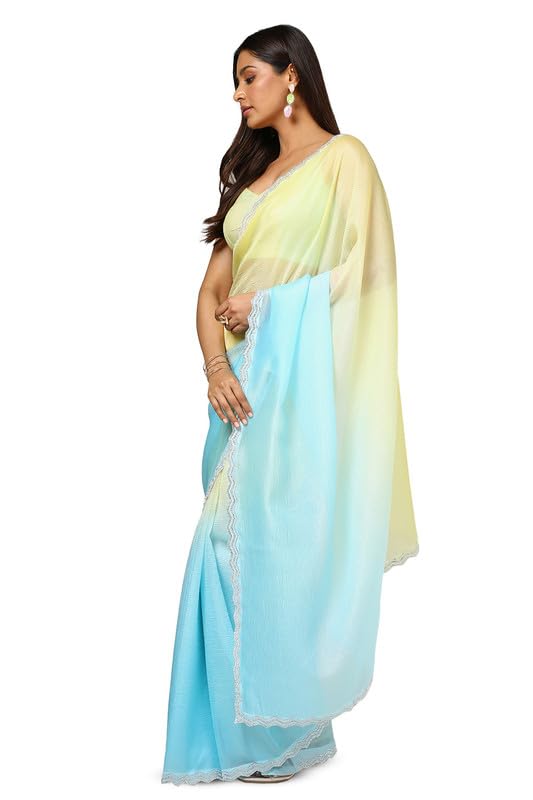 Soch Womens Yellow Organza Ombre Saree With Stone Work