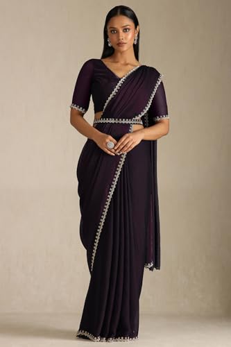 Soch Womens Wine Organza Saree With Stone Work