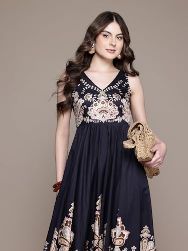 Label RITU KUMAR V Neck Sleevesless Printed Long Dress Black