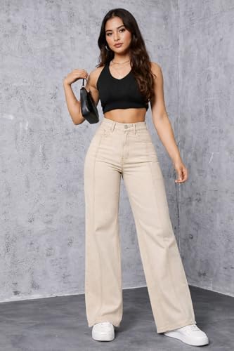 ADBUCKS Women's Tapered Style Straight Fit High-Rise Jeans (in, Numeric, 36, Beige)