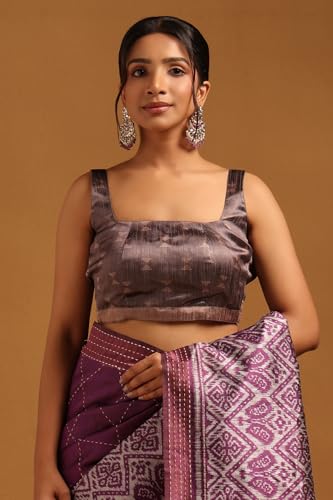 Soch Womens Magenta Tussar Geometric Saree With Kantha Embroidery