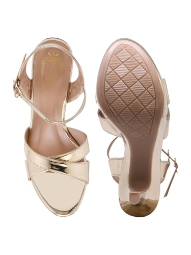 Shoetopia Women's Platform Golden High Heel Sandals – Open Toe Stiletto Heels with Ankle Strap, Patent Party Dress Shoes Casual, Ethnic, Party & Wedding EU36
