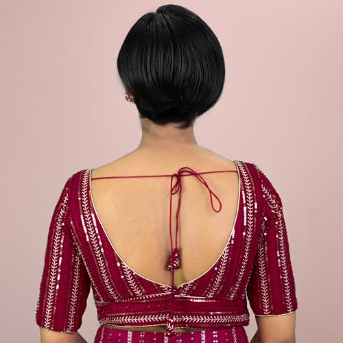Women's Sequin Embroidered V Neck Elbow Half Sleeve Readymade Saree Blouse Indian Ethnic Designer Stitched Handmade Top Padded Wine Pink Blue White Black | E3