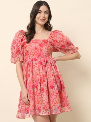 Trend Arrest.ed Women’s Floral Organza Puff Sleeve Mini Dress | Square Neck with Lining | Fit & Flare Western Style for Brunch, Travel & Day Outings (D5366_Pink_XL)