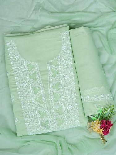 Ada Hand Embroidered Lucknowi Chikankari Unstitched Cotton Dress Material Suit Piece with Dupatta for Women 01A869278 Pistachio Green