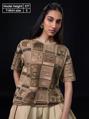 The Souled Store The Archives Women and Girls Short Sleeves Round Neck Beige All Over Printed Cotton Streetwear Lightweight Everyday Oversized T-Shirt