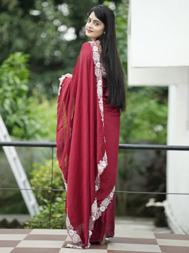 SAREE MALL Women's Maroon Satin Solid Saree With Unstitched Blouse (KESARI11601_KR)