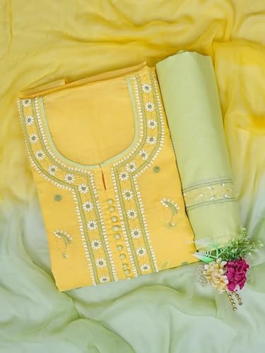 Ada Hand Embroidered Lucknowi Chikankari Unstitched Cotton Dress Material Suit Piece with Dupatta for Women 01A879665 Yellow