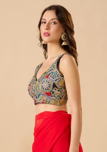 S SALWAR STUDIO Royal Blue Georgette Sweetheart Neck Sleeveless Readymade Blouse