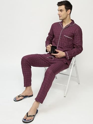 Hancock Men Cotton Checked Night Suit Burgundy Size L