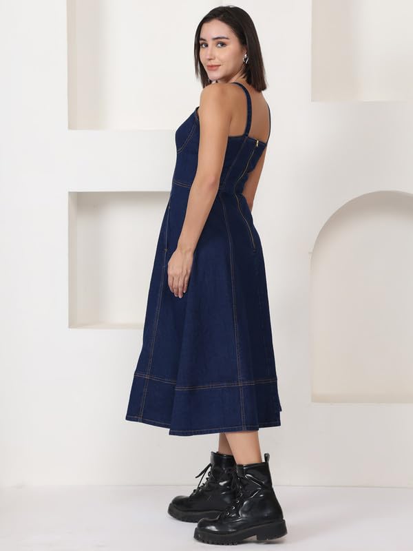 Puella Women’s Dark Blue Sleeveless Flared Denim Midi Dress | Sweetheart Neck | Fit & Flare Style | Stretchable Cotton | Casual Western Dress