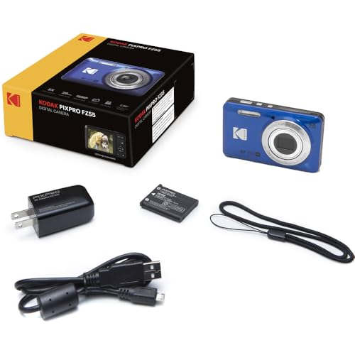 Kodak PIXPRO FZ55 Digital Camera, 16MP Compact Point & Shoot, 5X Optical Zoom, 28mm Wide Angle Lens, 1080P HD Video, Blue + 64GB SD Card, Case, Selfie Stick, Mini Tripod & USB Card Reader