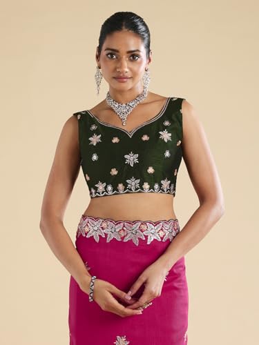 AKHILAM Women's Pink Vichitra Silk Floral Embellished Saree With Unstitched Blouse Piece (ANIKA2502_AG)