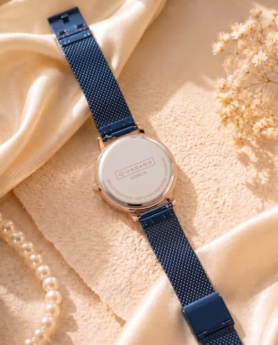 Giordano Analog Quartz Watch for Women with Round Dial, Two-Hand Display, Crystal-Studded Hour Markers and Bezel and Stainless Steel Mesh Strap - A2085