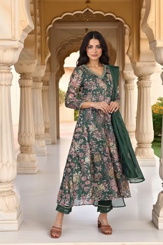 W for Woman Floral Printed Metallic Embroidered Flared Kota Doria Kurta with Pant and Dupatta Set - Green (WS13278-126619-L)