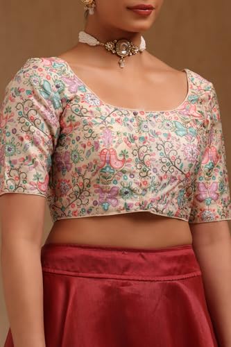 Soch Womens Cream Art Silk Floral Print Padded Blouse with Zari