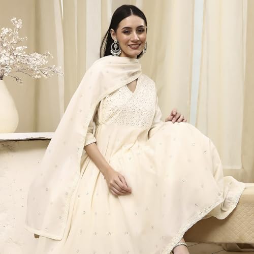BIBA Women Off-White Cotton Schiffli Anarkali Suit Set_40