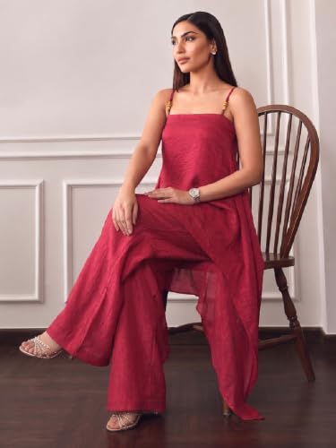 Varanga Women Maroon A Line Kurta Palazzos Set Square Neck Sleeveless