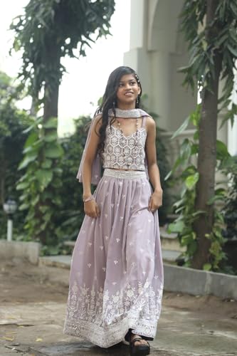 2STORY Kids Sharara Set for Girls with Kurti & Dupatta Traditional Ethnic Wear for Weddings, Festivals & Parties Comfortable Fabric Stylish Indian Outfit Lavender Colour (Size 14-15 Yrs)
