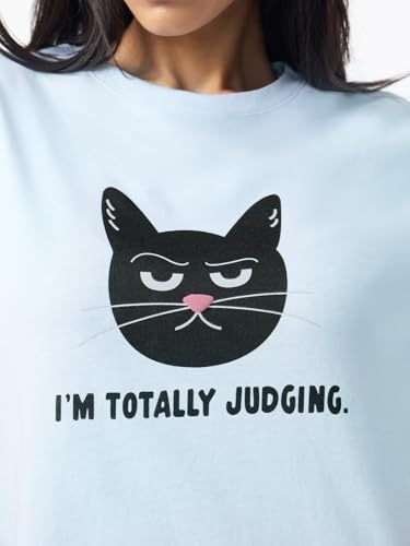 The Souled Store Totally Judging: Women and Girls Short Sleeves Round Neck Light Blue Graphic Printed Cotton Relaxed Fit Breathable Everyday Streetwear T-Shirt