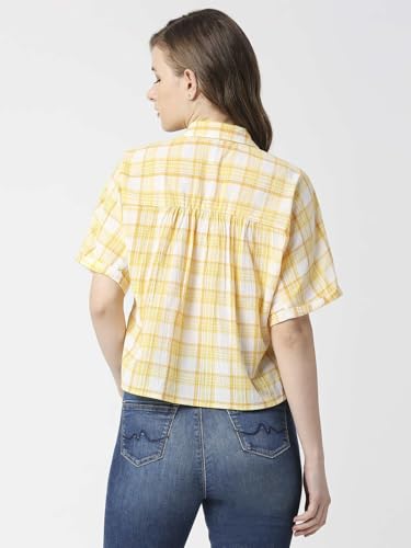 Pepe Jeans Checks Cotton Round Neck Women's Shirt (Yellow, XL)