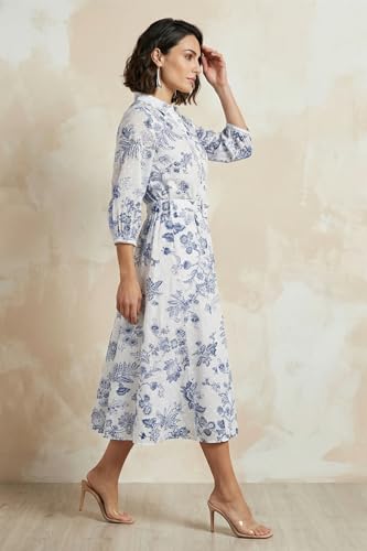 W for Woman White Floral Printed Pure Cotton A-line Shirt Dress with Fabric Belt - (W13497-126867-XL)