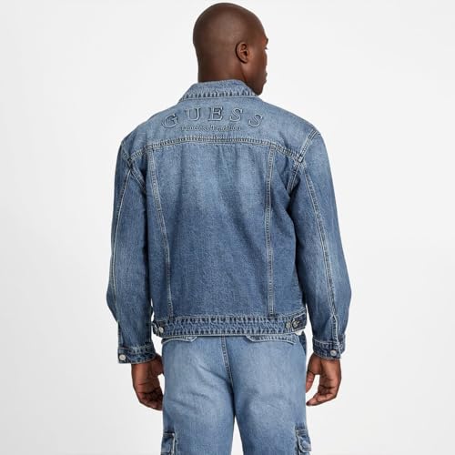 GUESS Men Washed Spread Collar Full Sleeves Denim Jacket