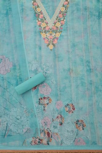 Soch Womens Powder Blue Linen Blend Floral Print Unstitch Dress Material With Thread Work