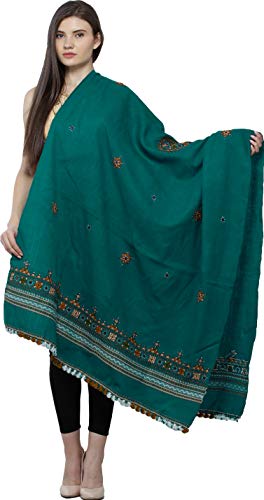 Exotic India Women's Shawl from Kutch with Central Embroidered Chakra and Mirrors Pure Wool Shawl (SWD54--alpine-green)