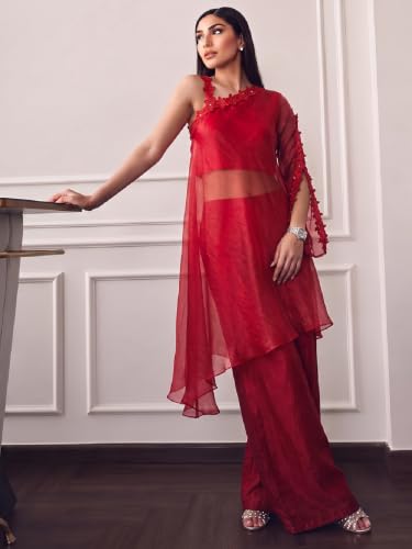 Varanga Women Ombre Red A Line Kurta Palazzos Set One Shoulder Sleeveless