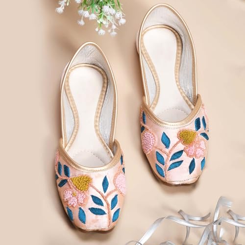 Froh Feet Ethnic Jutti for Women Traditional Handmade Fulkari Jutti Slip-On Shoes Bellies for Women Wedding party Festival Occasion - Peach