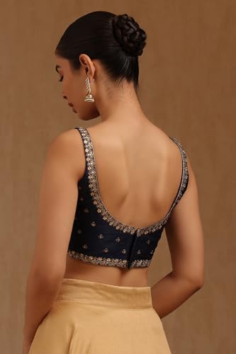 Soch Womens Navy Blue Tussar Embroidered Padded Blouse with Zari
