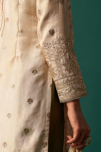 Wishful Women's White Zari Embroidered Tissue Straight Kurta with Sharara and Dupatta Set (SP12834-401055-2XL)