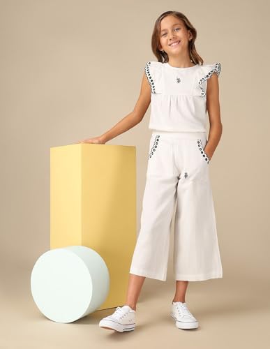 U.S. POLO ASSN. Girls Wide Leg Embroidered Trousers (UGTRO0022_Ecru_8-9Y)
